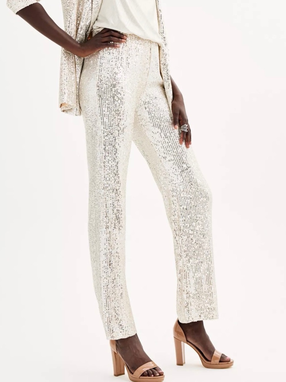 Nine West Pull On Sequin Pants Size Large Silver Lined EUC